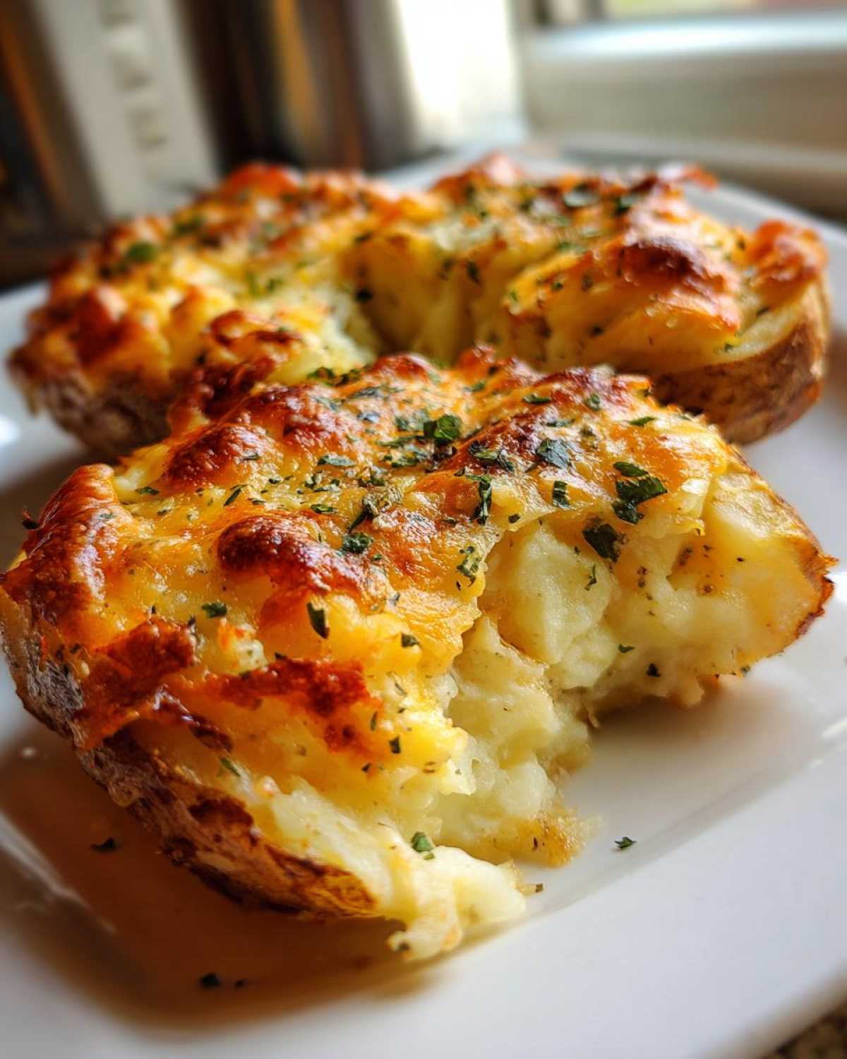 Close-up of cheesy baked potato casserole halves, one with a bite taken out, showing creamy filling and browned cheese topping.
