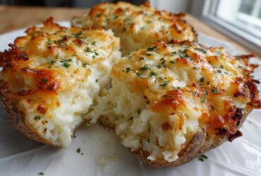 Three halves of a baked potato casserole, filled with mashed potatoes and topped with melted, browned cheese and fresh parsley.
