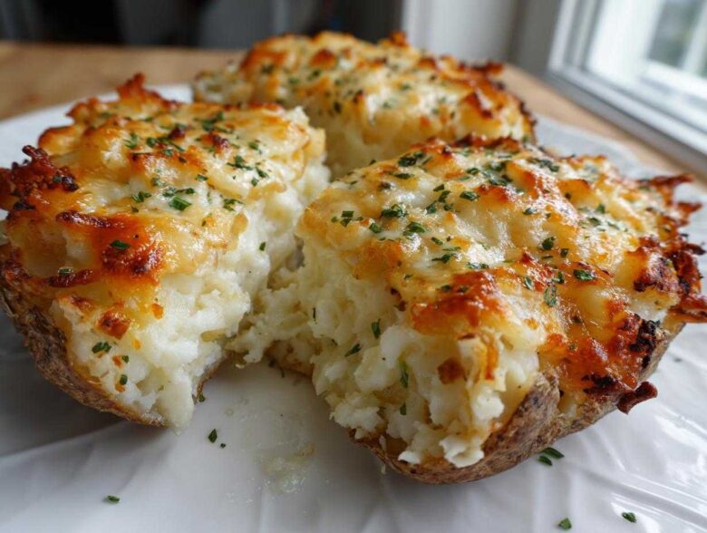 Three halves of a baked potato casserole, filled with mashed potatoes and topped with melted, browned cheese and fresh parsley.