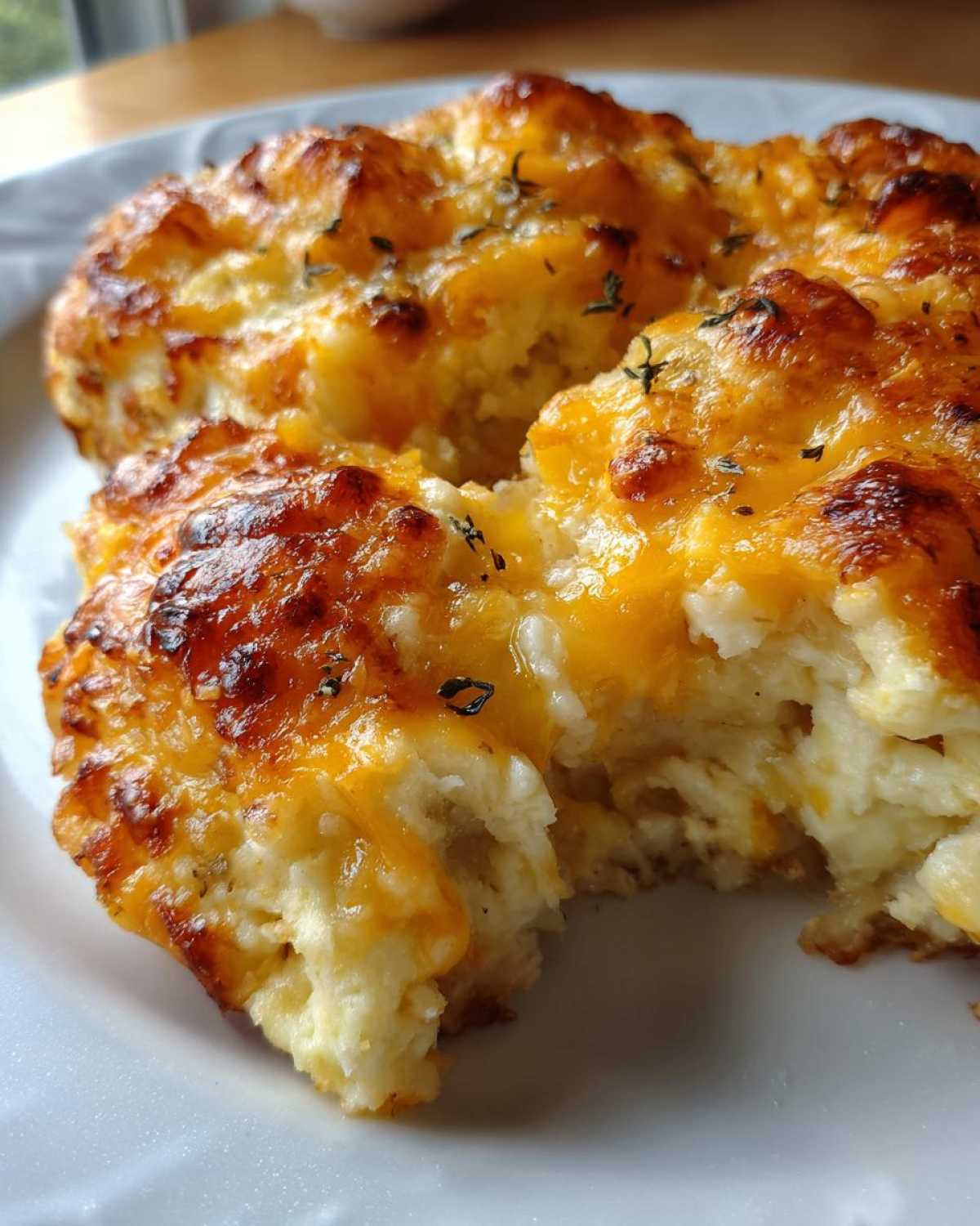 Close-up of a serving of baked potato casserole with a bubbly, golden-brown cheese topping and visible herbs.