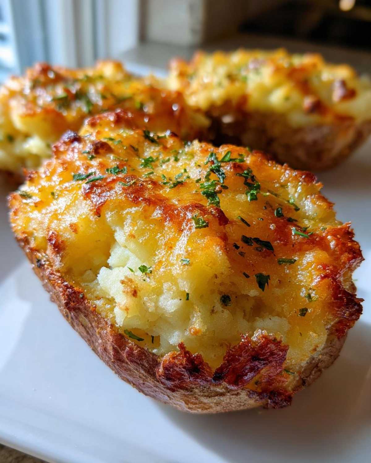 Close-up of a cheesy, golden-brown baked potato casserole stuffed back into its crispy skin.