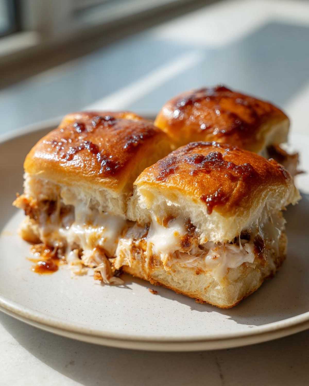 Close-up of three cheesy bbq chicken sliders with melted cheese oozing out, sitting on a light plate.