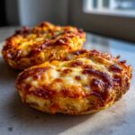 Two perfectly toasted English muffin pizza halves topped with melted, bubbly, and slightly browned cheese.