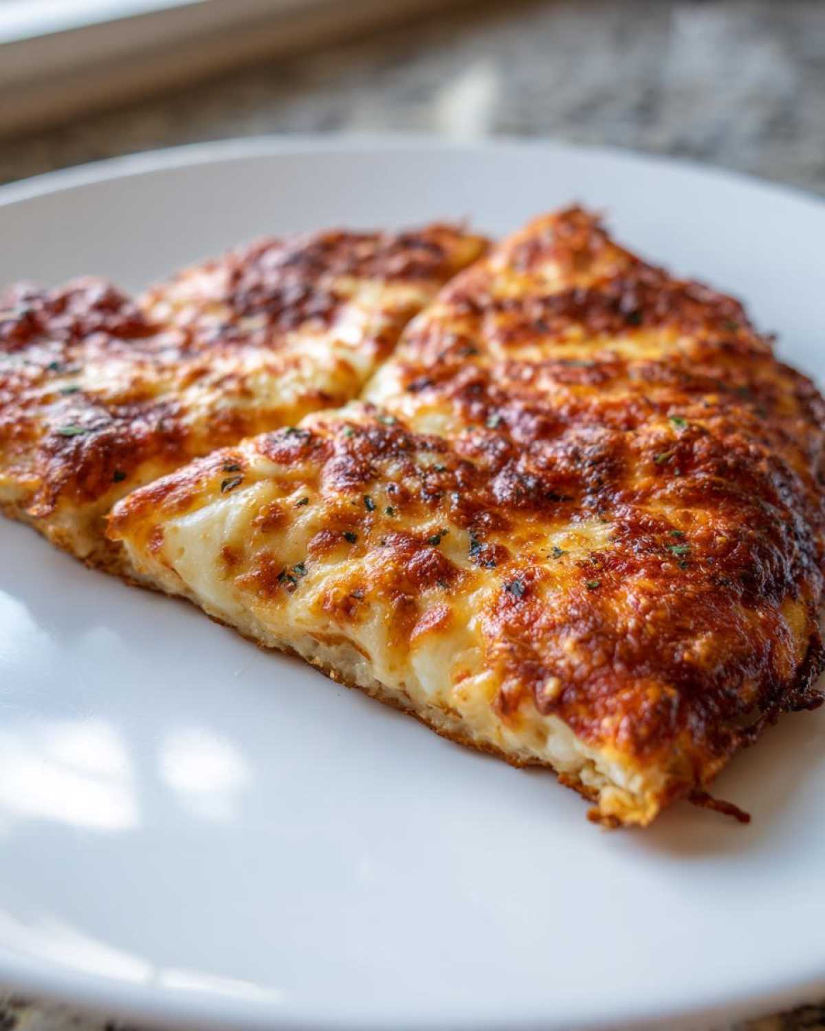 Close-up of a cheesy, baked slice of keto pizza crust topped with melted mozzarella and herbs.