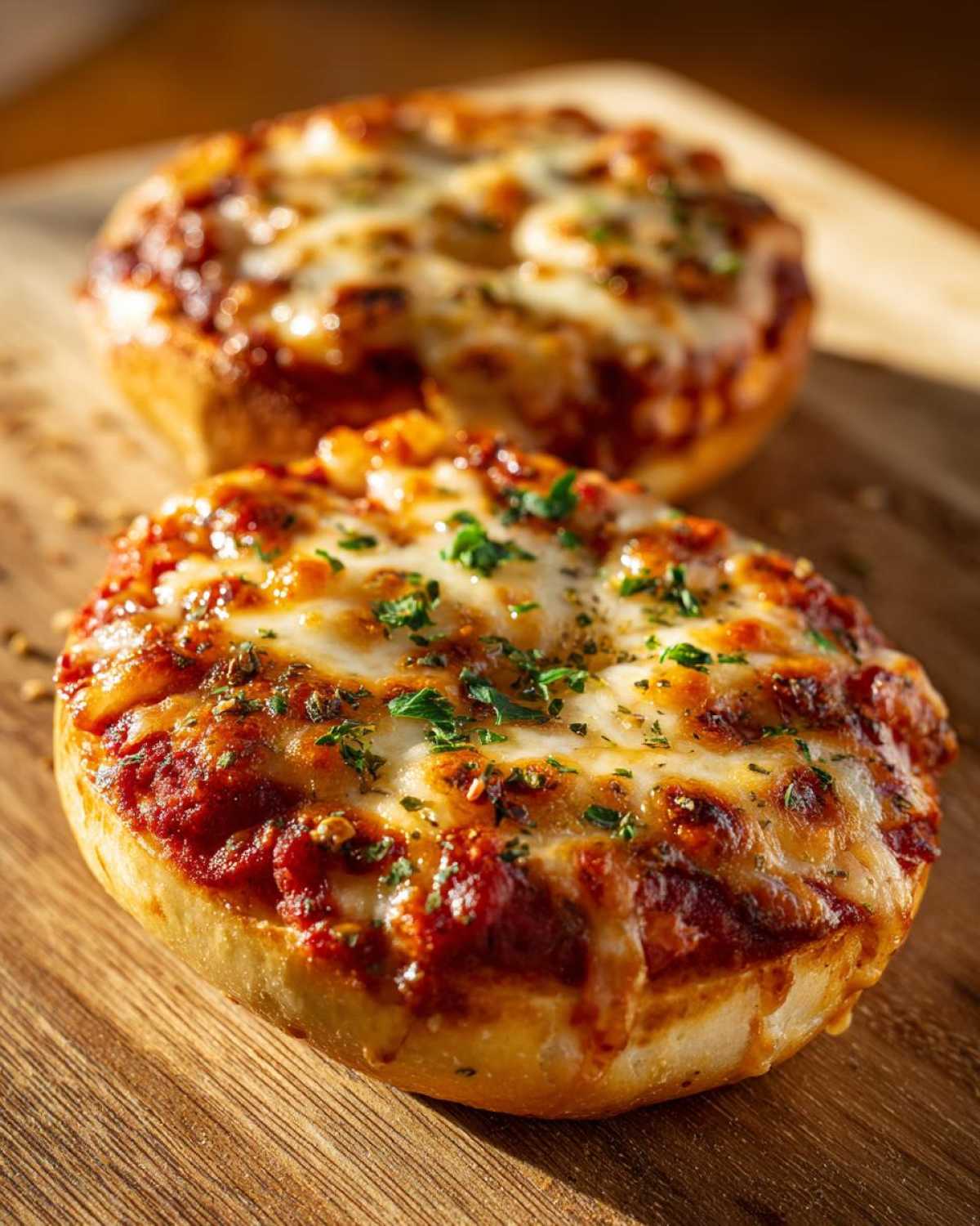 Two golden brown pizza bagels topped with melted cheese, red sauce, and green herbs, resting on a wooden board.