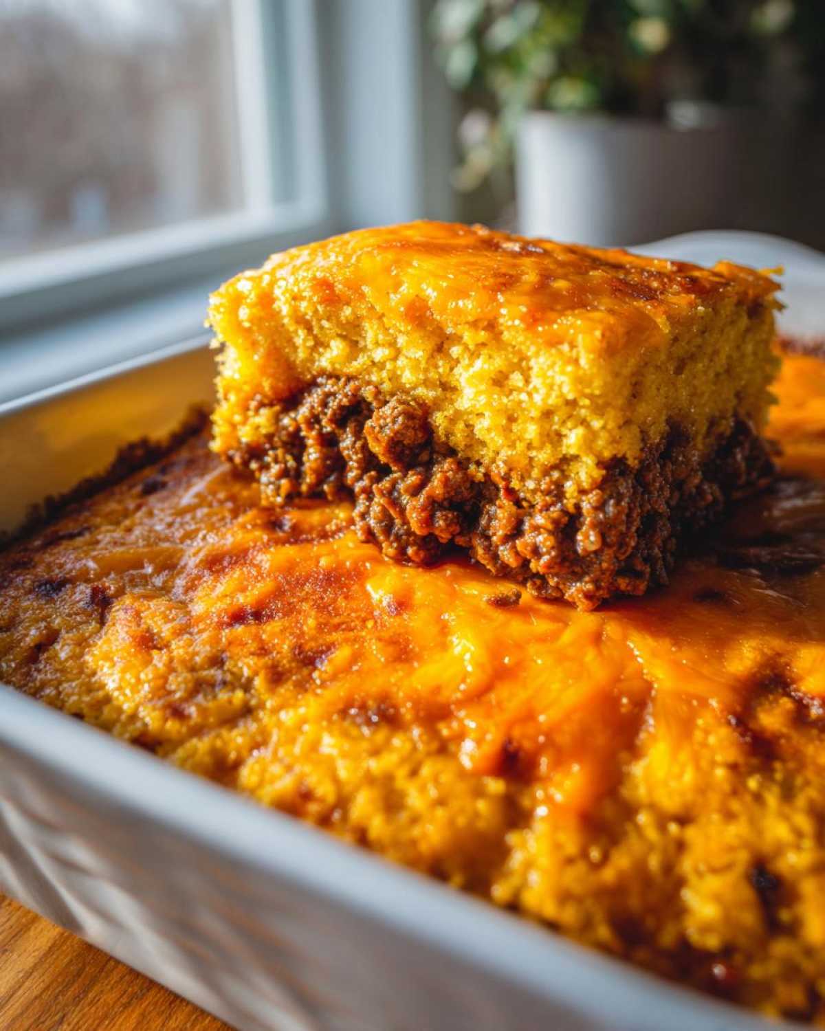 A square serving of cheesy tamale pie lifted slightly, showing the cornbread top and savory meat filling.