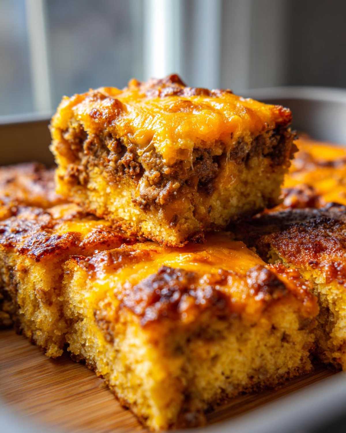 A close-up of two stacked squares of baked tamale pie, showing a cornbread base, savory meat filling, and melted cheddar cheese topping.