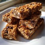 A stack of chewy homemade granola bars filled with oats, nuts, and chocolate chips on a white plate.