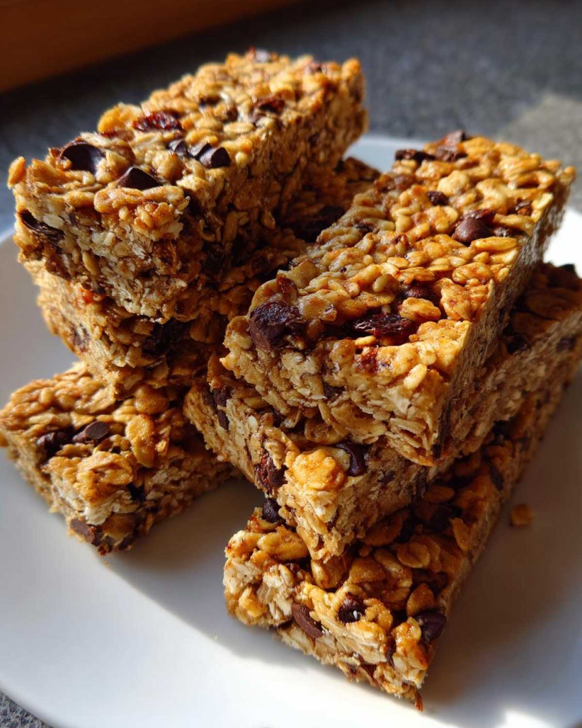 A stack of chewy homemade granola bars packed with oats, chocolate chips, and dried fruit, sitting on a white plate.