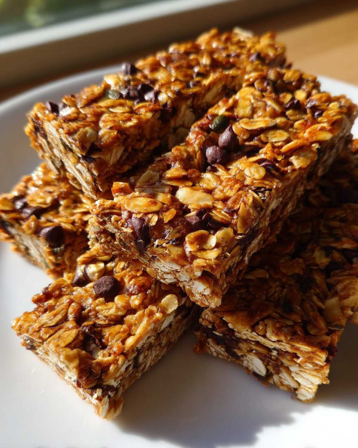 A stack of chewy homemade granola bars packed with oats, chocolate chips, and seeds, ready to eat.