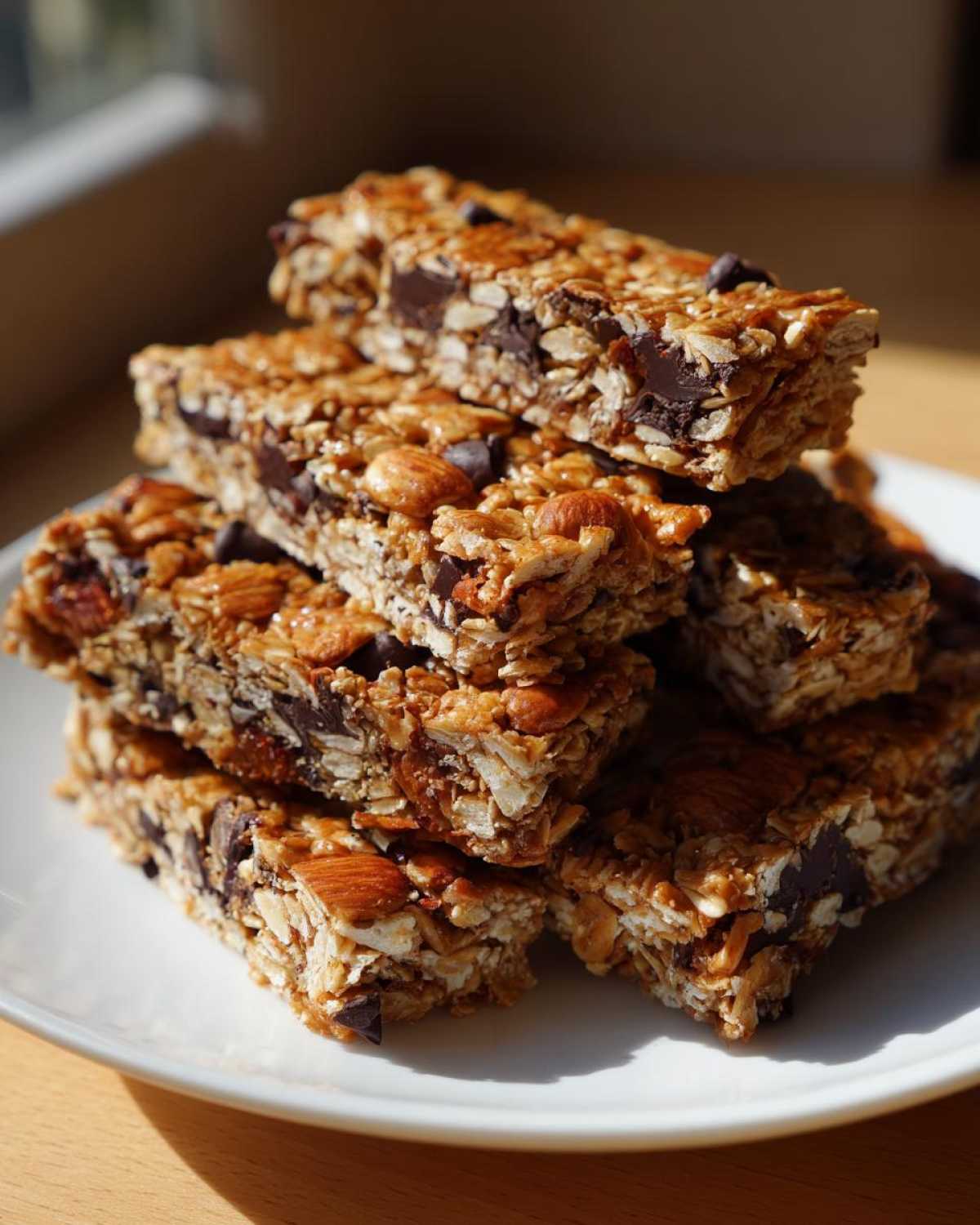A stack of chewy homemade granola bars packed with oats, almonds, and dark chocolate chips, sitting on a white plate.