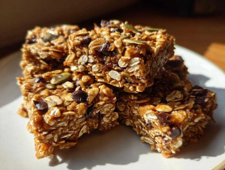 Close-up of stacked, chewy homemade granola bars packed with oats, chocolate chips, and pumpkin seeds.