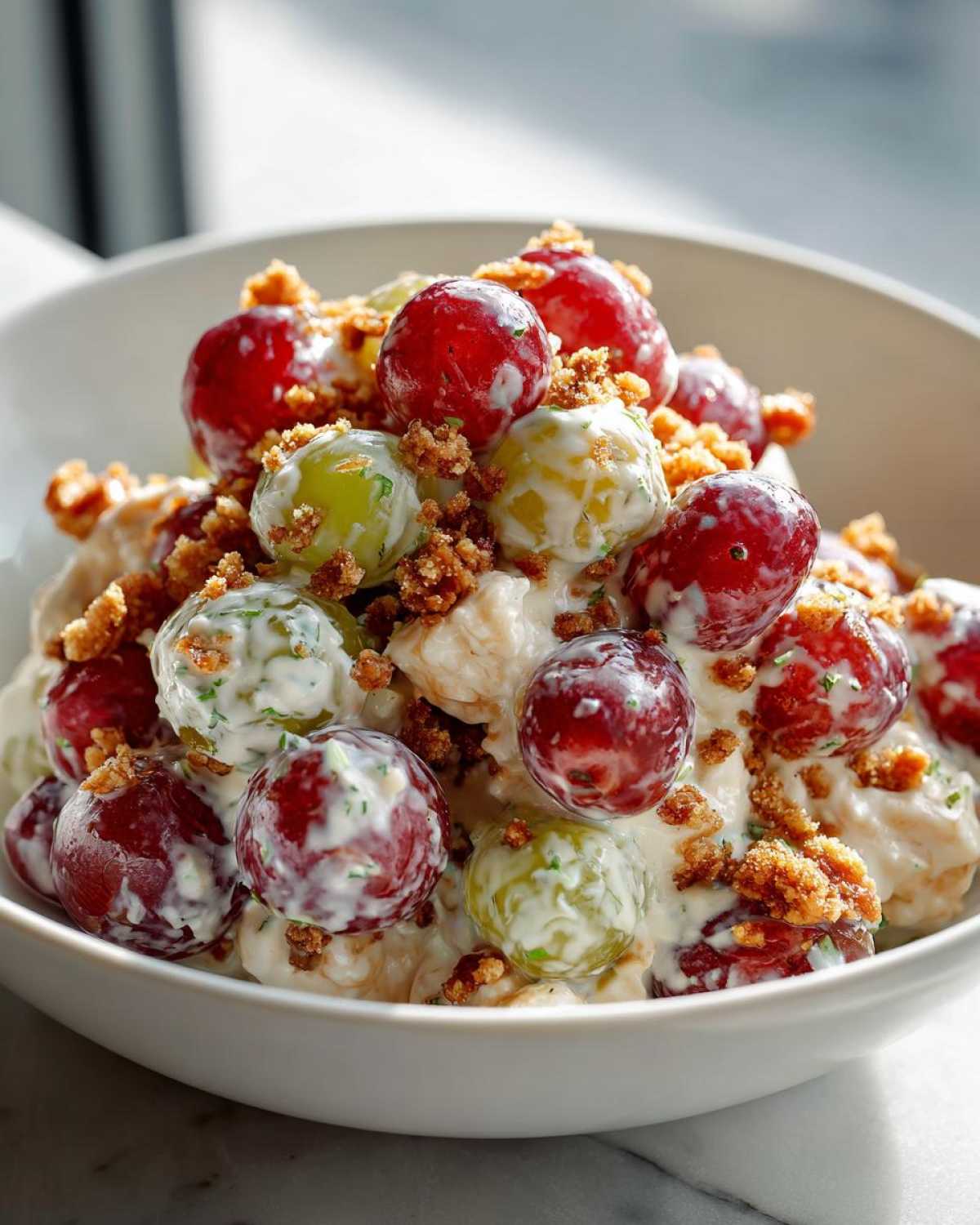 A close-up of the chicken salad chick grape salad, featuring creamy chicken mixed with red and green grapes and topped with crunchy brown pecans.