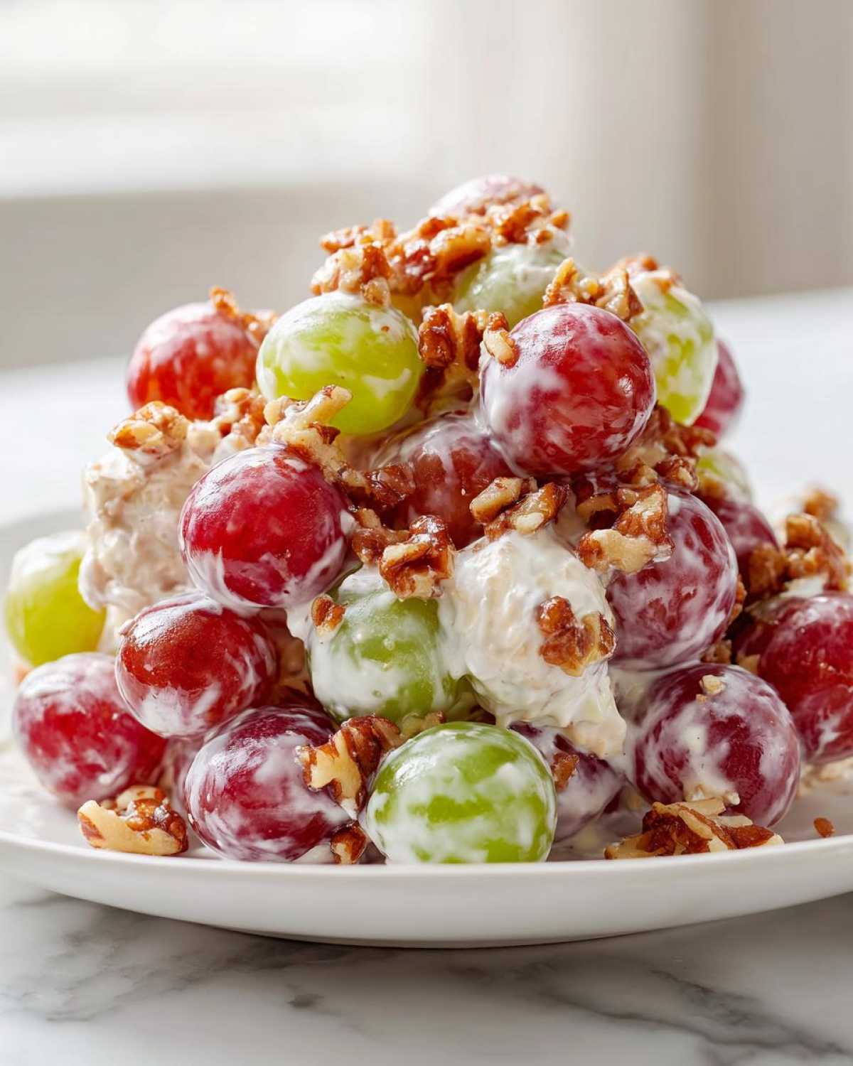 A mound of creamy chicken salad chick grape salad featuring red and green grapes coated in dressing and topped with chopped pecans.