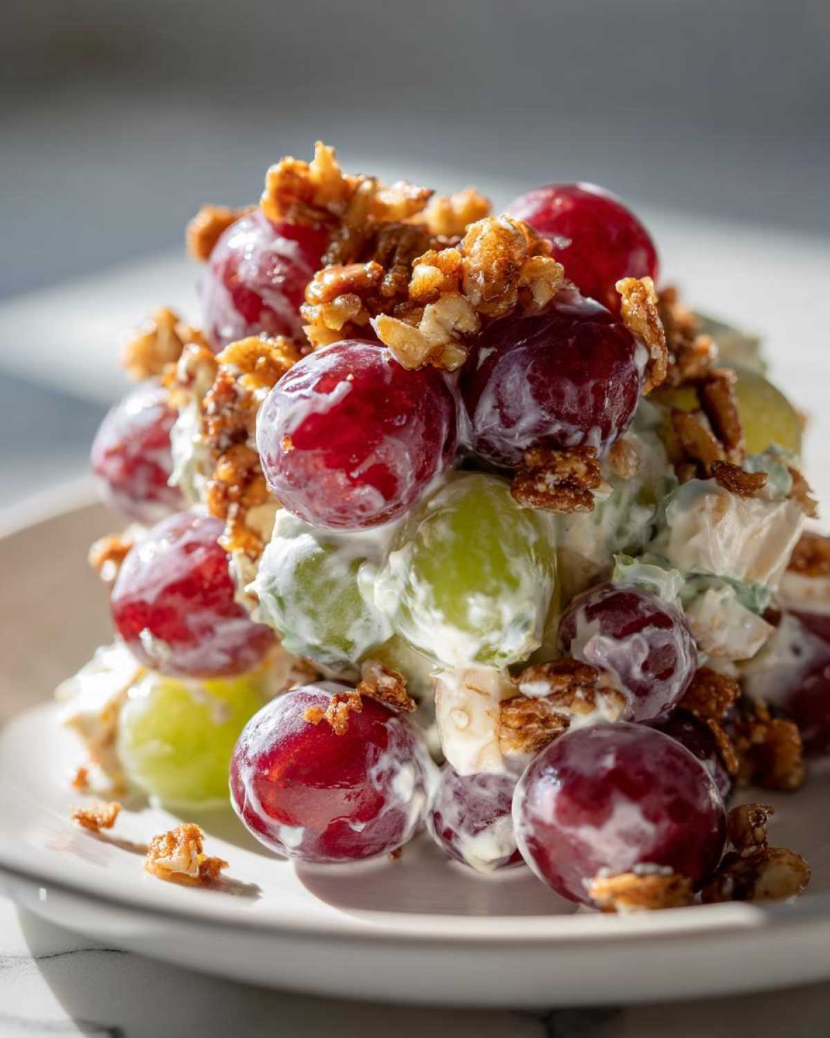 A mound of creamy chicken salad chick grape salad featuring red and green grapes coated in dressing and topped with crunchy pecans.