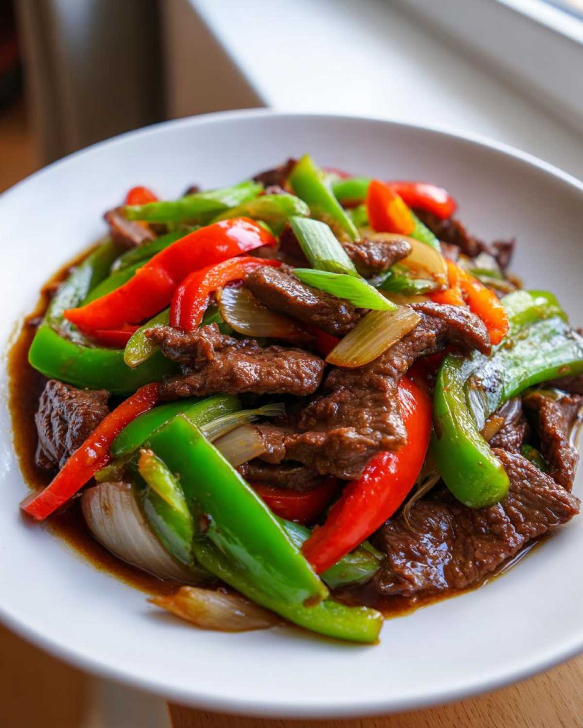 Close-up of savory Chinese pepper steak featuring tender beef strips, bright green and red bell peppers, and onions in a rich sauce.