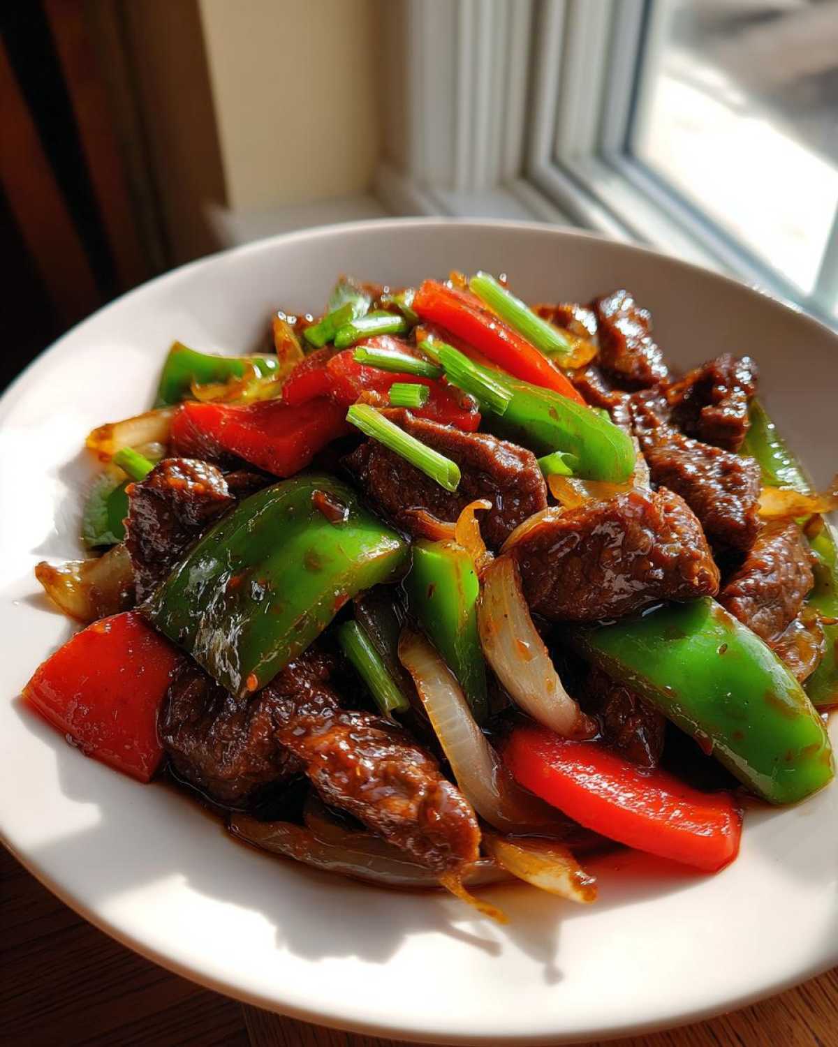 A close-up shot of glossy Chinese pepper steak featuring tender beef, bright green and red bell peppers, and onions in a savory sauce.
