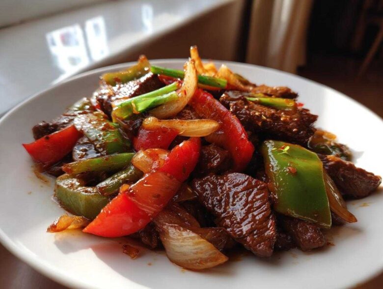 A close-up shot of glistening Chinese pepper steak featuring tender beef strips mixed with bright red and green bell peppers and onions.