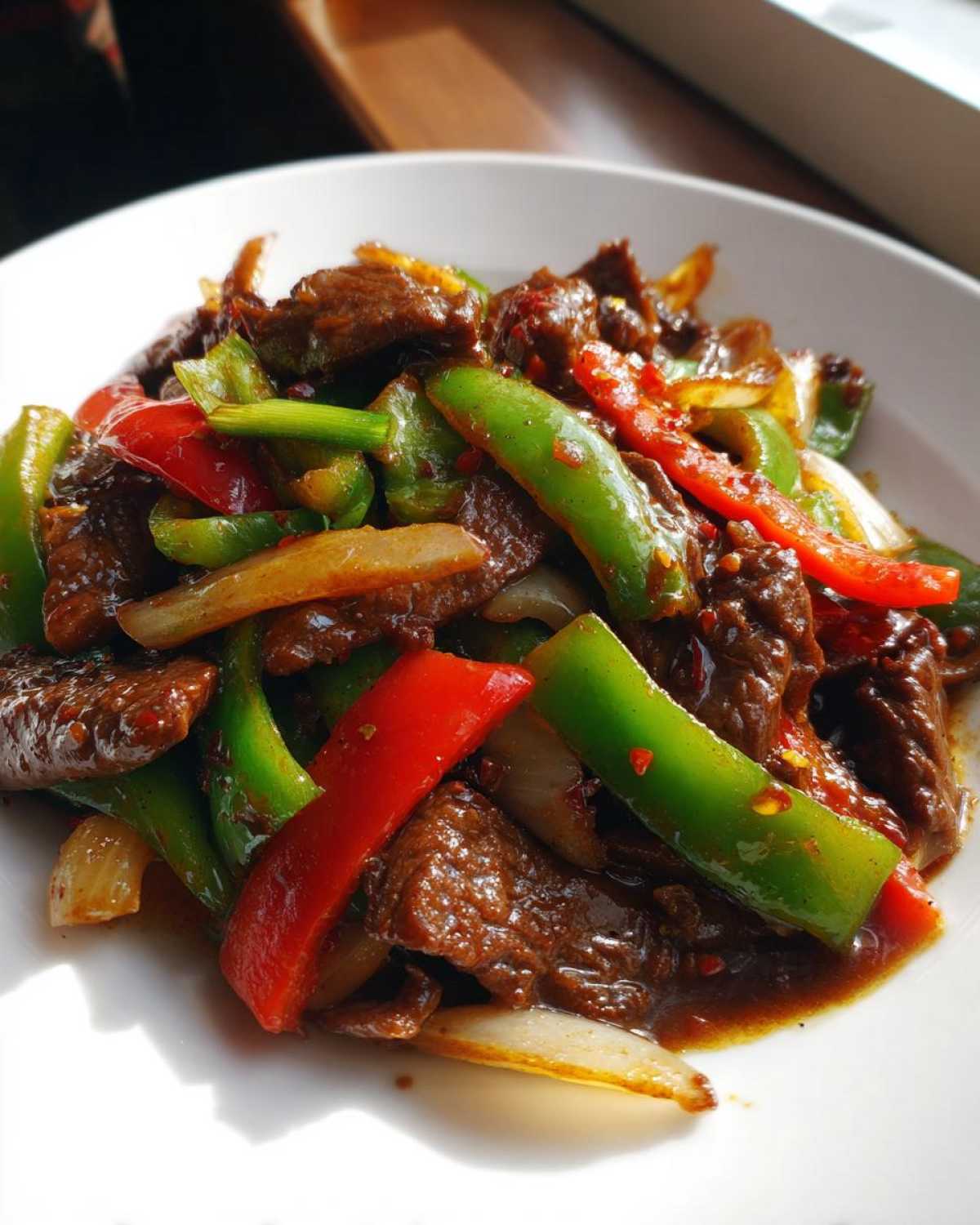 A close-up of vibrant Chinese pepper steak featuring tender beef slices, green and red bell peppers, and onions coated in a savory sauce.