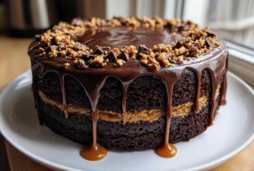 A decadent chocolate caramel toffee crunch cake featuring dark layers, thick caramel filling, and a rich chocolate ganache drip.