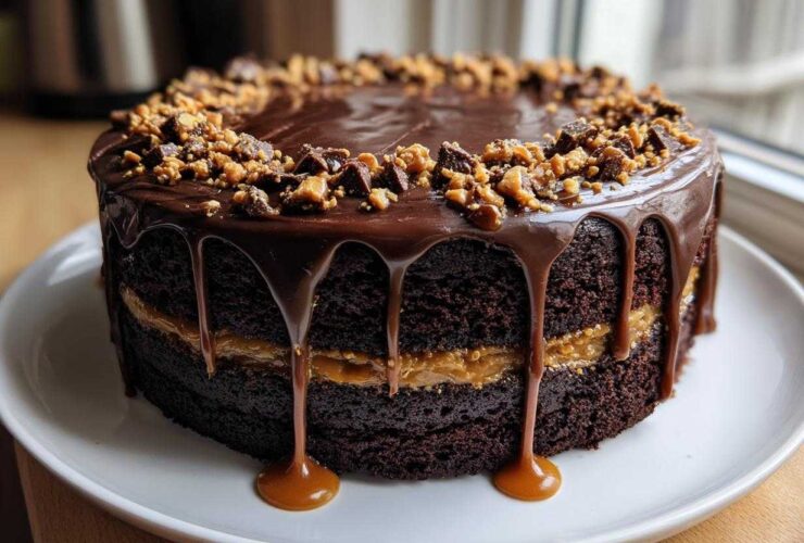 A decadent chocolate caramel toffee crunch cake featuring dark layers, thick caramel filling, and a rich chocolate ganache drip.