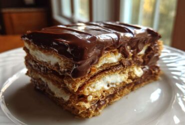 A close-up of a decadent slice of chocolate eclair cake showing graham cracker layers, white cream filling, and rich chocolate frosting.