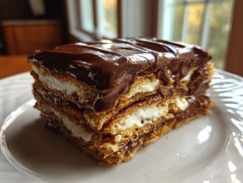 A close-up of a decadent slice of chocolate eclair cake showing graham cracker layers, white cream filling, and rich chocolate frosting.