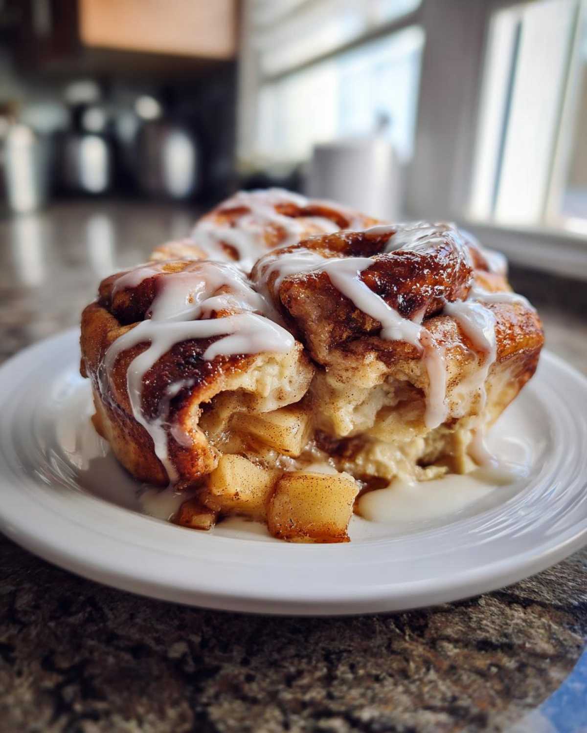 Close-up of a serving of cinnamon roll apple pie with visible apple chunks and white icing drizzled on top.