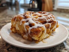 A close-up of a single serving of cinnamon roll apple pie, drizzled with white icing.