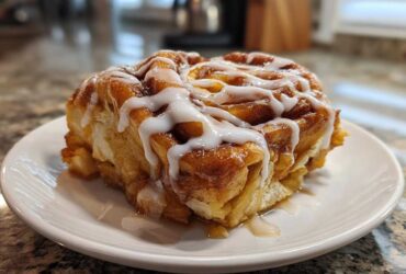 A close-up of a single serving of cinnamon roll apple pie, drizzled with white icing.