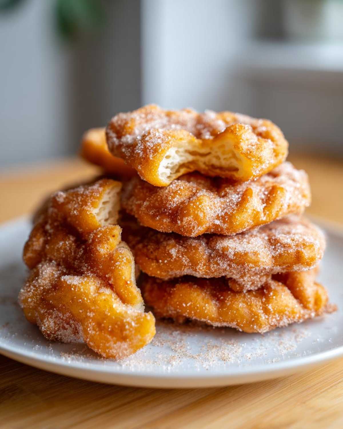 A stack of golden brown, freshly fried buñuelos generously coated in cinnamon sugar, with one on top showing a bite taken out.