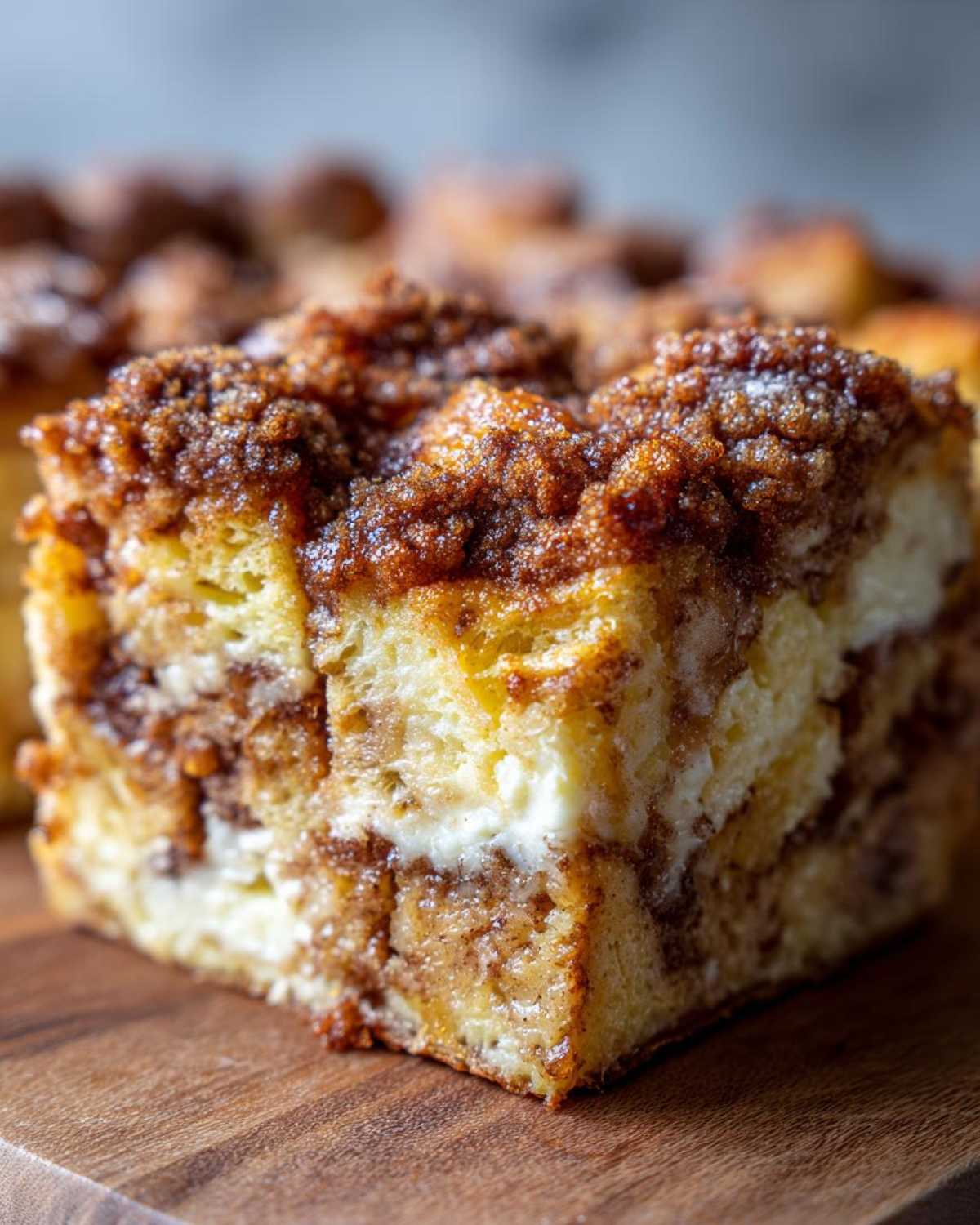 A close-up view of a square slice of baked french toast casserole with a thick cinnamon streusel topping and visible cream cheese swirl.