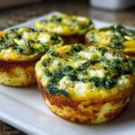 Four golden-brown Cottage Cheese Egg Cups With Spinach & Feta served on a white rectangular plate.