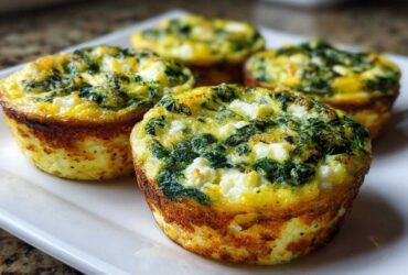 Four golden-brown Cottage Cheese Egg Cups With Spinach & Feta served on a white rectangular plate.