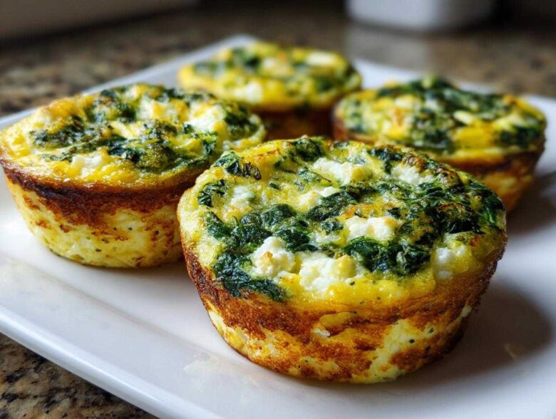 Four golden-brown Cottage Cheese Egg Cups With Spinach & Feta served on a white rectangular plate.