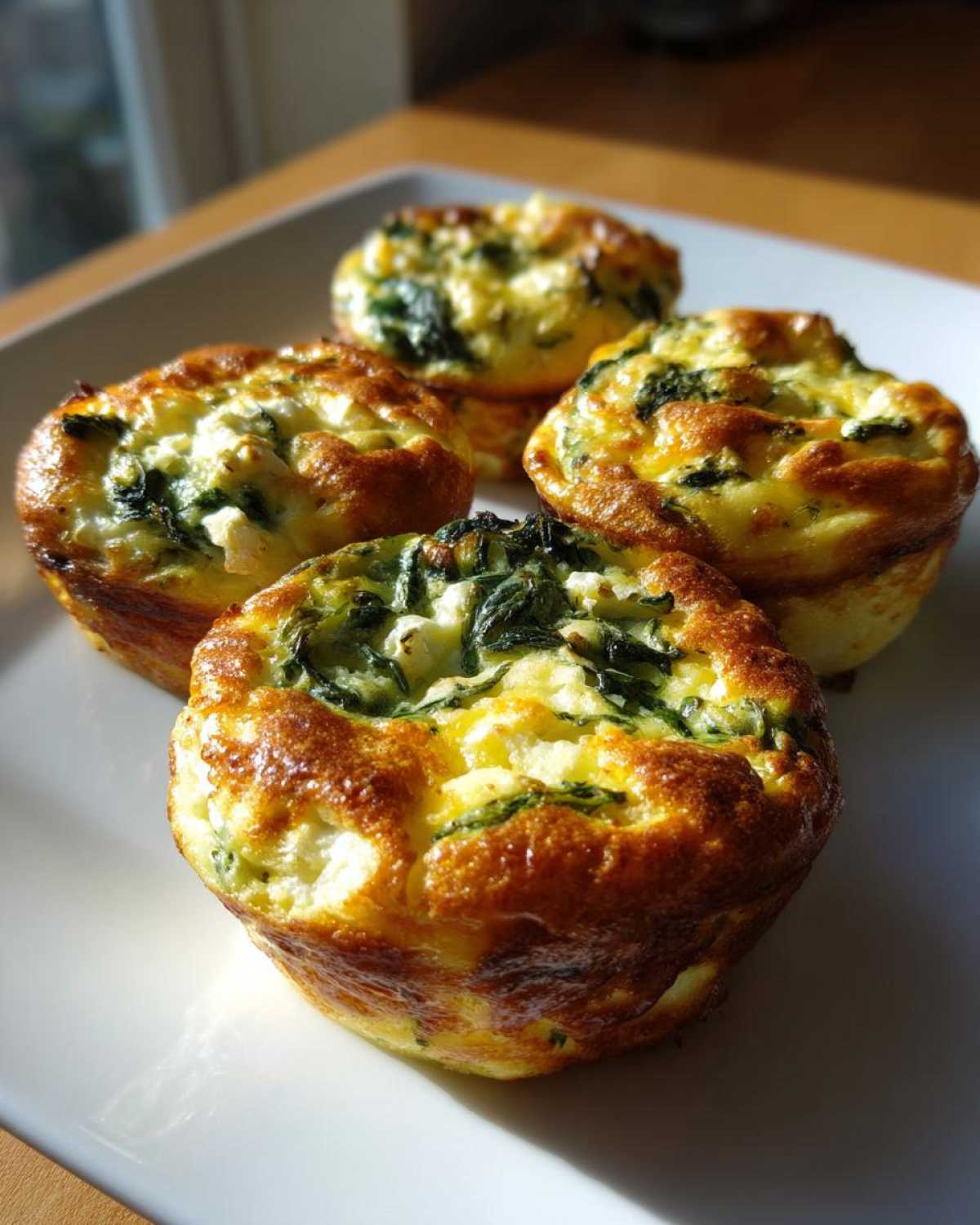 Four golden-brown Cottage Cheese Egg Cups With Spinach & Feta served on a white plate.