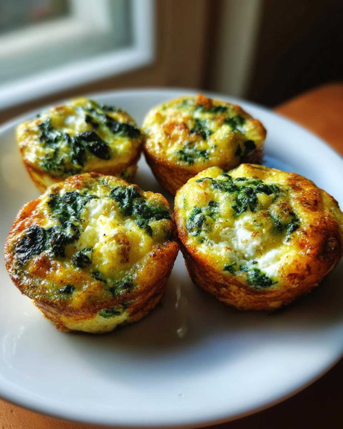 Four golden-brown Cottage Cheese Egg Cups With Spinach & Feta served on a white plate.