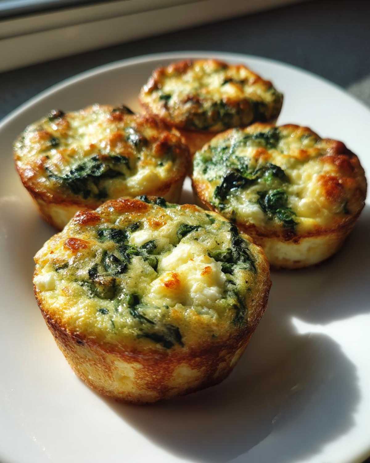 Four freshly baked Cottage Cheese Egg Cups With Spinach & Feta on a white plate, showing browned tops.