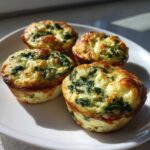 Four golden-brown Cottage Cheese Egg Cups With Spinach & Feta served on a white plate.