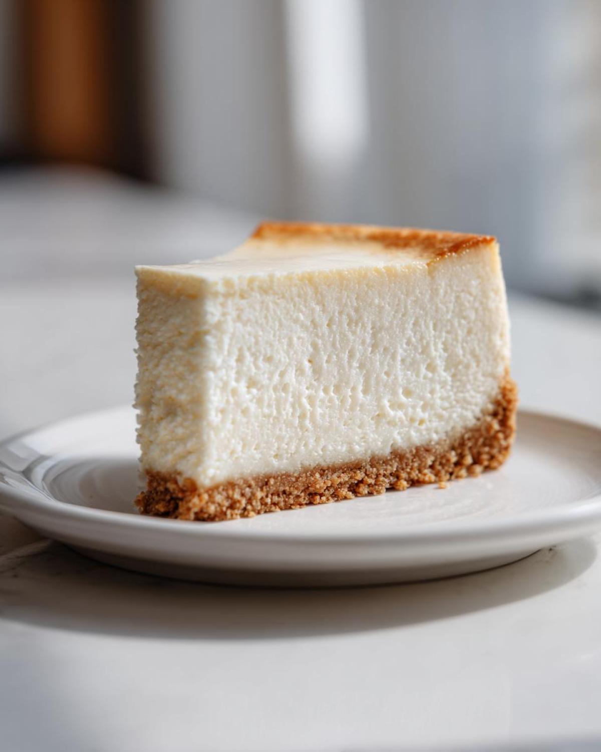 A perfect, tall slice of creamy new york cheesecake with a thick graham cracker crust on a white plate.