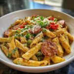 A close-up of creamy cajun sausage pasta featuring penne, sliced sausage, green peppers, and grated cheese.