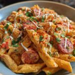 Close-up of creamy cajun sausage pasta featuring penne, sliced sausage, and a creamy orange sauce, garnished with herbs.