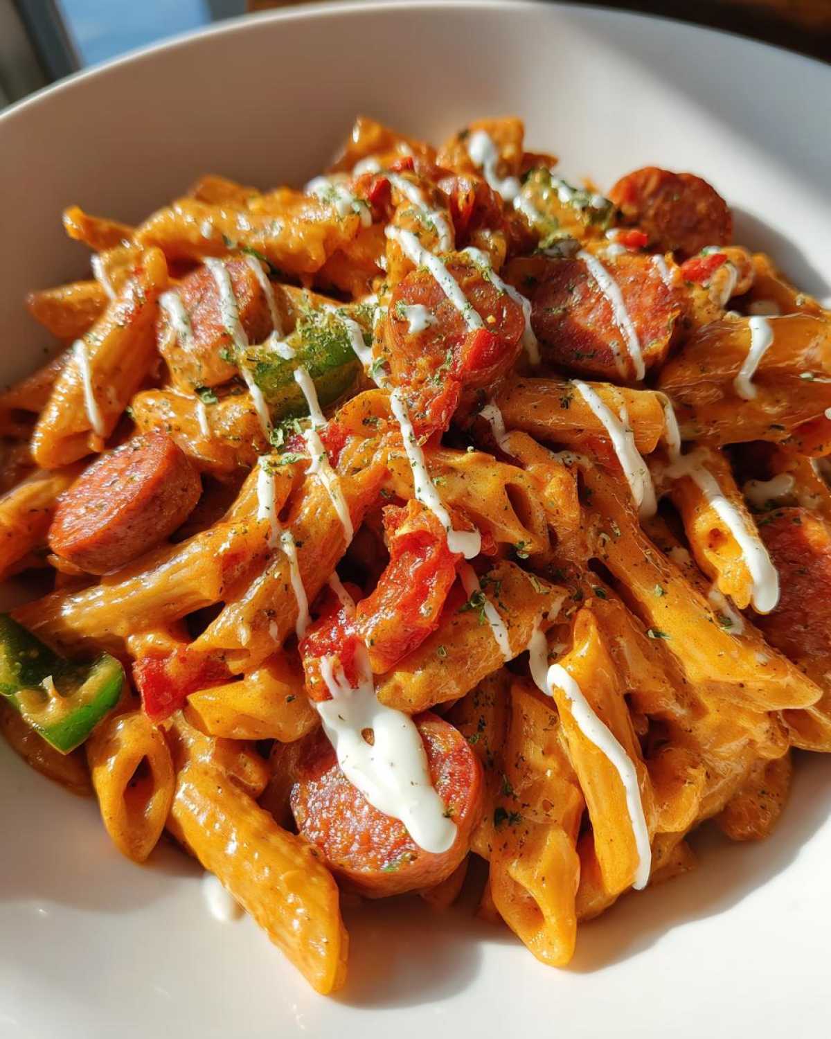 Close-up of creamy cajun sausage pasta with penne, sliced sausage, peppers, and a white sauce drizzle.
