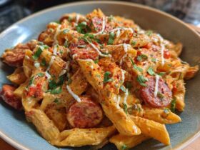 Close-up of creamy cajun sausage pasta featuring penne, sliced sausage, and a creamy orange sauce, garnished with herbs.