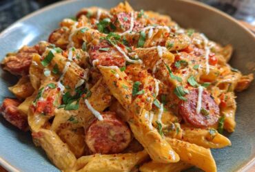 Close-up of creamy cajun sausage pasta featuring penne, sliced sausage, and a creamy orange sauce, garnished with herbs.