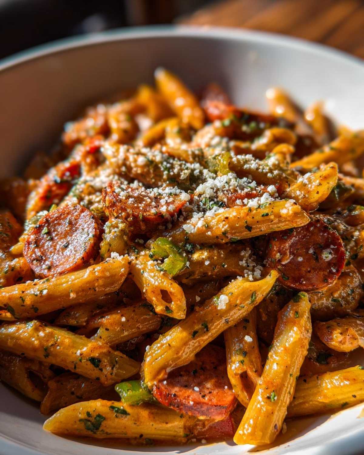 Close-up of a creamy cajun sausage pasta dish featuring penne pasta, sliced sausage, and grated cheese.