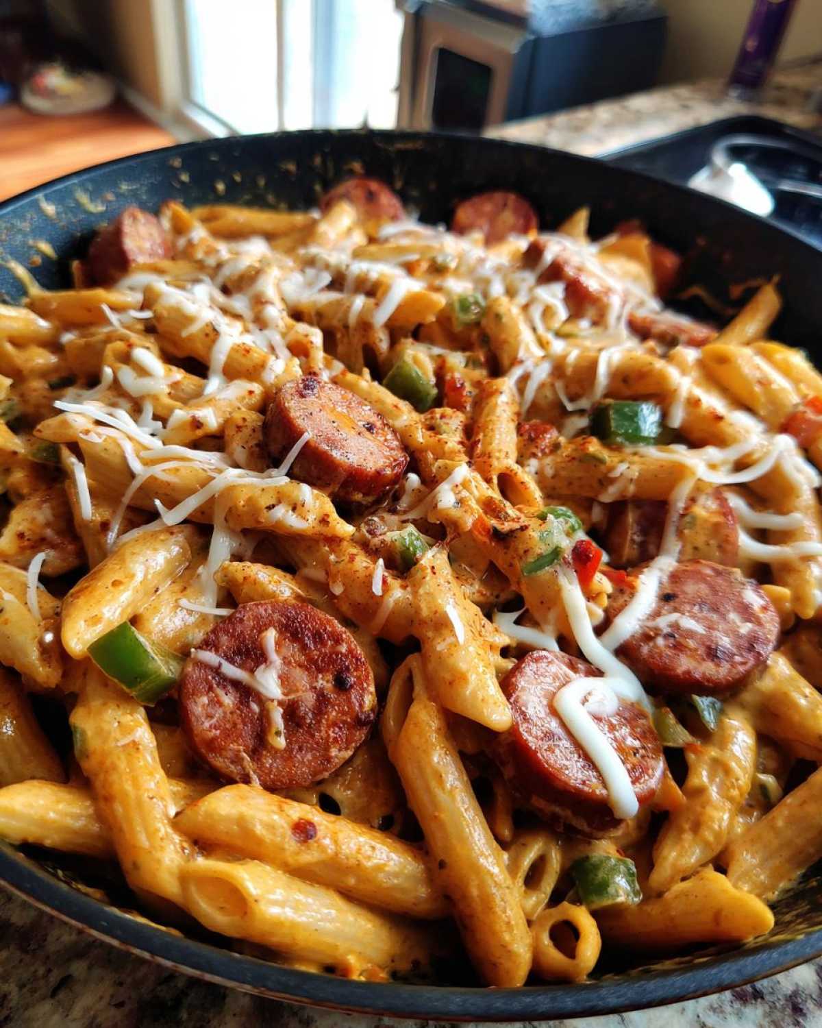 Close-up of creamy cajun sausage pasta with penne, sliced sausage, and melted cheese in a black skillet.