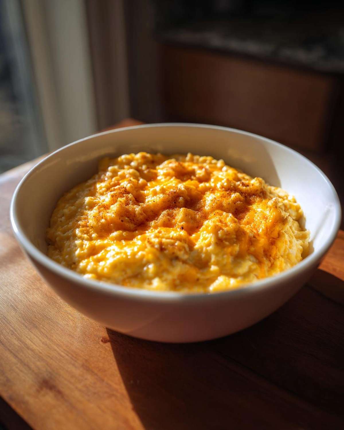 A close-up of a white bowl filled with rich, creamy cheese grits, topped with melted cheddar and a sprinkle of paprika.