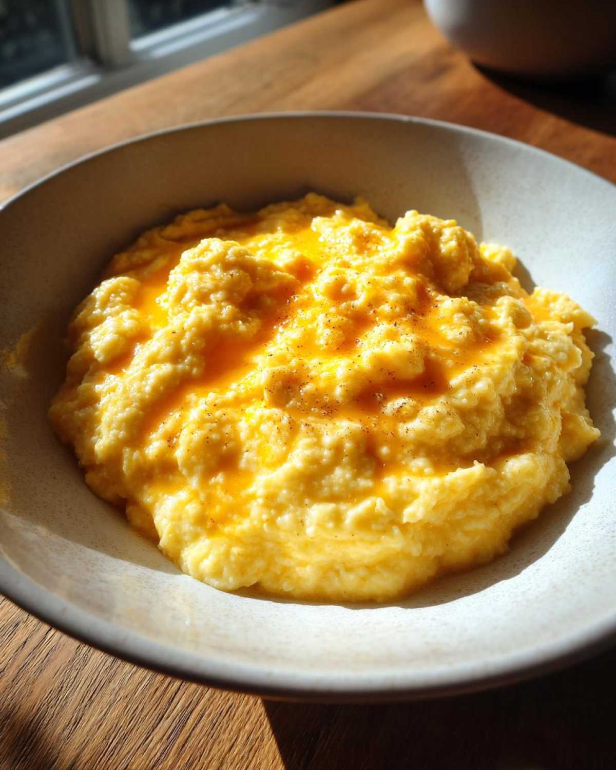 A close-up of a bowl of creamy cheese grits topped with melted butter and a sprinkle of pepper.