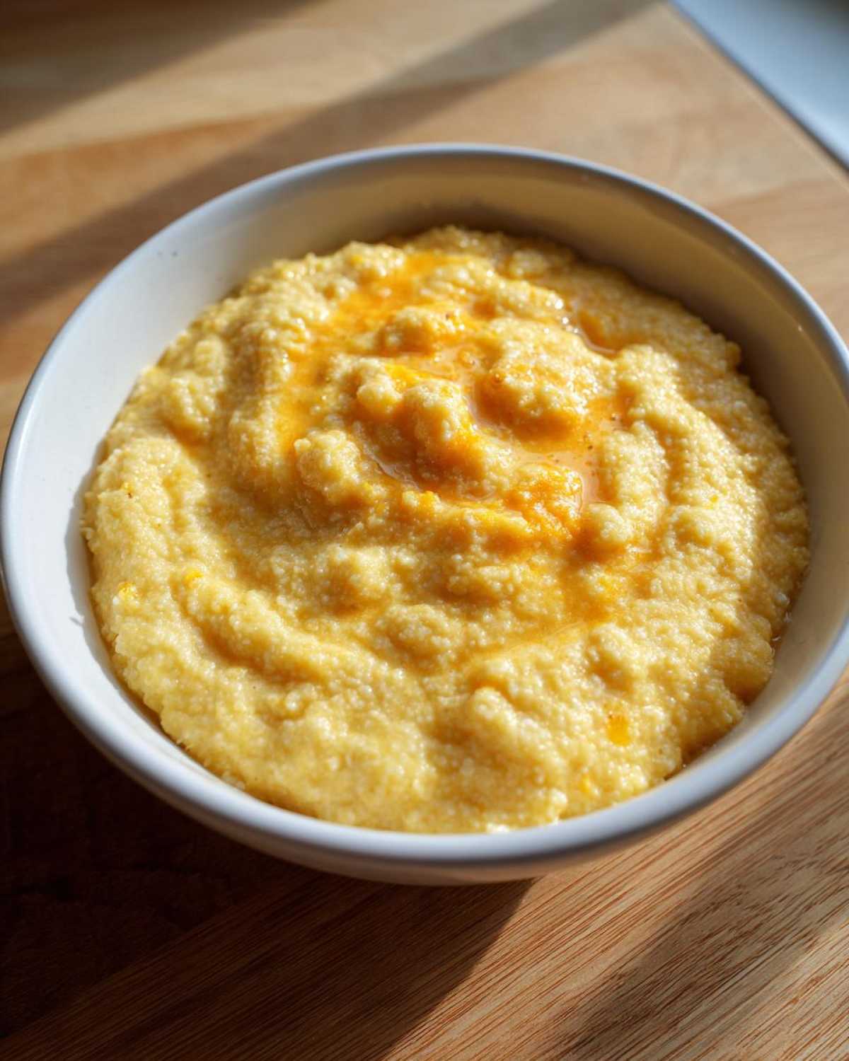 A close-up of a white bowl filled with creamy, yellow cheese grits topped with melted cheddar.